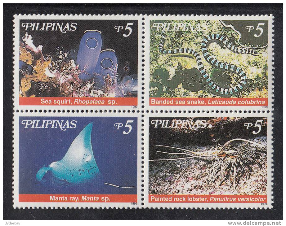 Philippines MNH Scott #2614 Block Of 4 5p Sea Squirt, Banded Sea Snake, Manta Ray, Painted Rock Lobster - Marine Life - Philippines