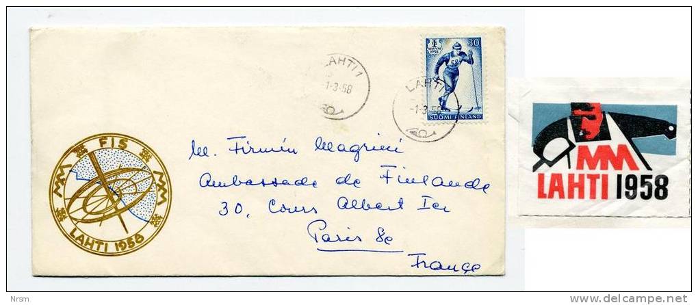 Enveloppe Datée De 1958 - MM FIS LAHTI 1958 - Adressée à L'Ambassade De Finlande à Paris - Storia Postale