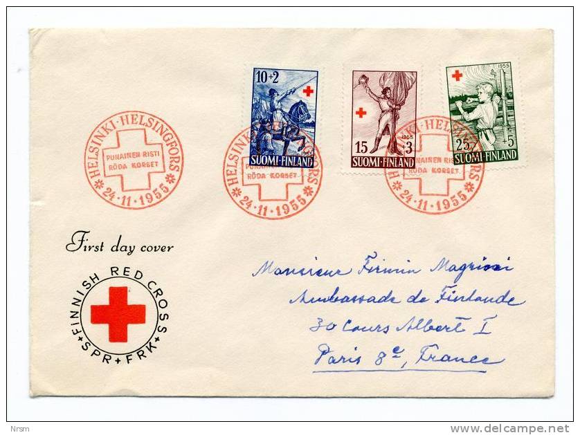 Enveloppe 1er Jour Datée De 1955 - CROIX ROUGE - Adressée à L'Ambassade De Finlande à Paris - Brieven En Documenten