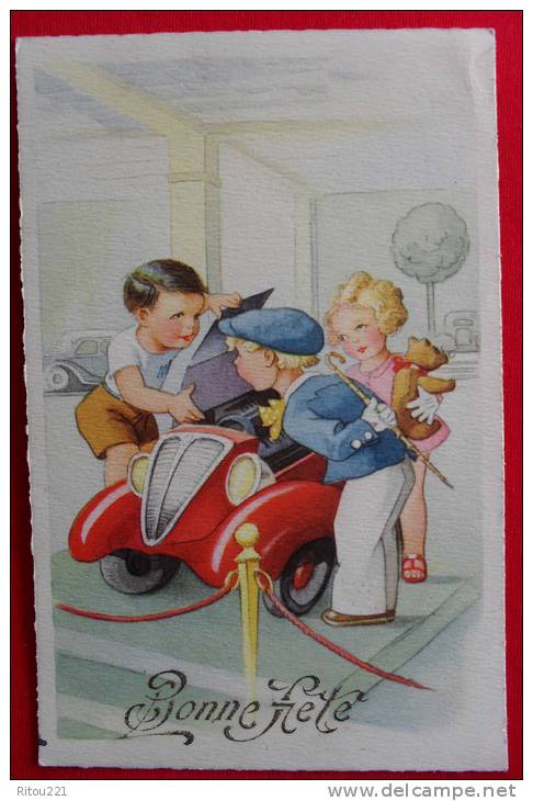 Cpa Illustration Jeu Enfants Garçon Fillette Vendeur Voiture Rouge Capot Ouvert Ours En Peluche  Canne BONNE FETE - Juegos