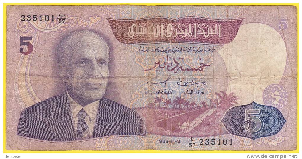 Billet De Banque Usagé - 5 Dinars - Série C57 N° 235101 - 3 Novembre 1983 - Banque Centrale De Tunisie - Tunesien