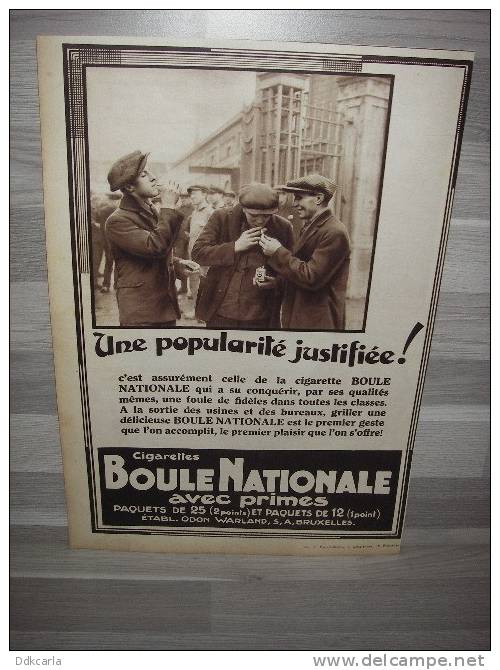 Reclame Uit 1934 - Cigarettes Boule Nationele - A4 Formaat - Sigaretten - Documenti