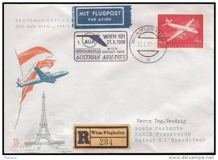 Austria 1958, Registred Airmail Cover Wien - Stuttgard - Paris - Autres & Non Classés