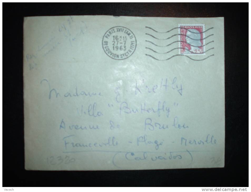 LETTRE TP MARIANNE DE DECARIS 0,25F OBL.MEC. 27-7-1963 PARIS XVII (AN.1) (75) ANNEXE - 1960 Marianna Di Decaris