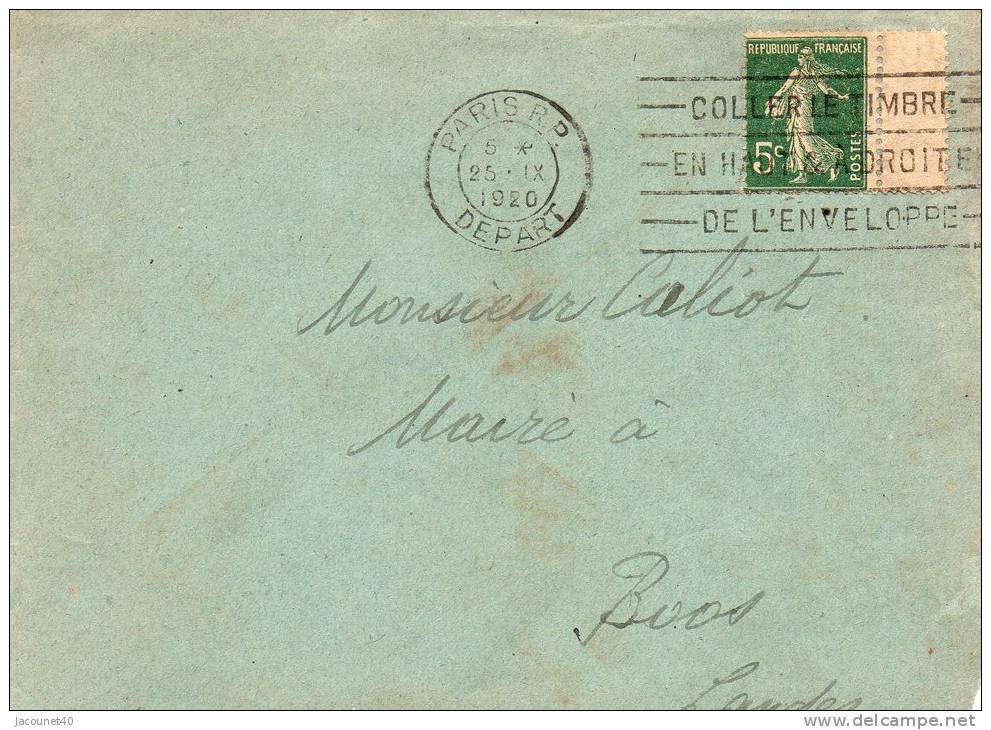 Paris 75 Lettre Pour Boos 40 Du 25/9/1920 Voir Timbre Piquage A Cheval Bord De Feuille - Briefe U. Dokumente