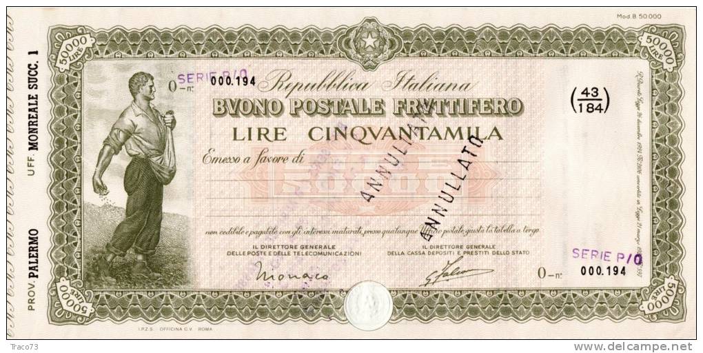 BUONO POSTALE FRUTTIFERO /  LIRE 50.000 - Sovrastampato Serie P/O - Frazionario 43/194  _ Annullato - Altri & Non Classificati