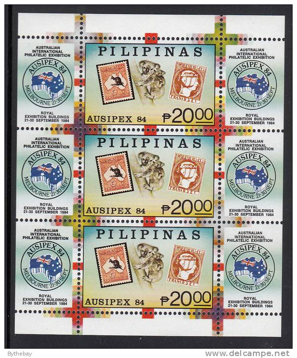 Philippines MNH Scott #1710 Souvenir Sheet Of 3 20p Philippines #1, Australia #59, Koalas - AUSIPEX 84 - Philippines