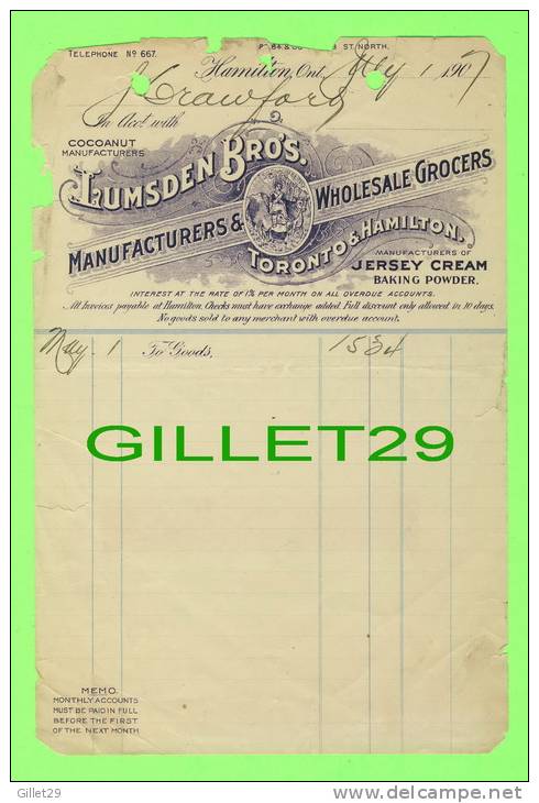 INVOICES (1907) - HAMILTON, ONTARIO - LUMSDEN BRO'S MANUFACTURERS & WHOLESALE GROCERS - JERSEY CREAM BAKING POWDER - Canada