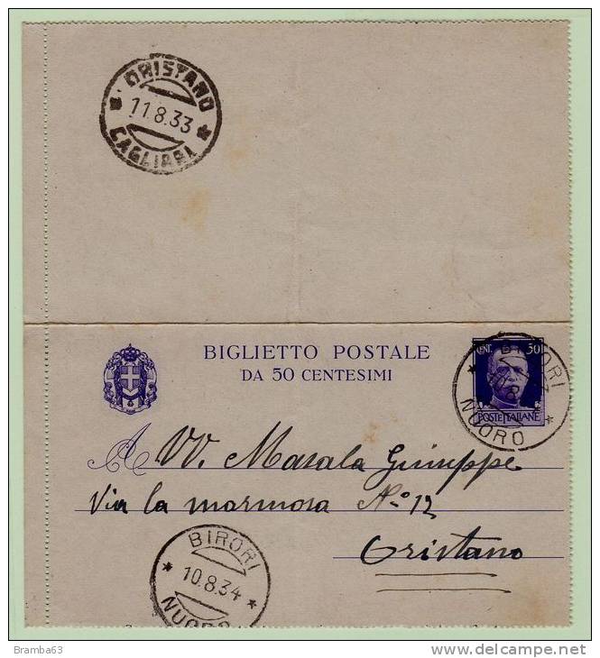 Biglietto Postale C.50 Viola Su Grigio Formato Piccolo - Vittorio Emanuele III Viaggiato Da Birori A Oristano - Interi Postali