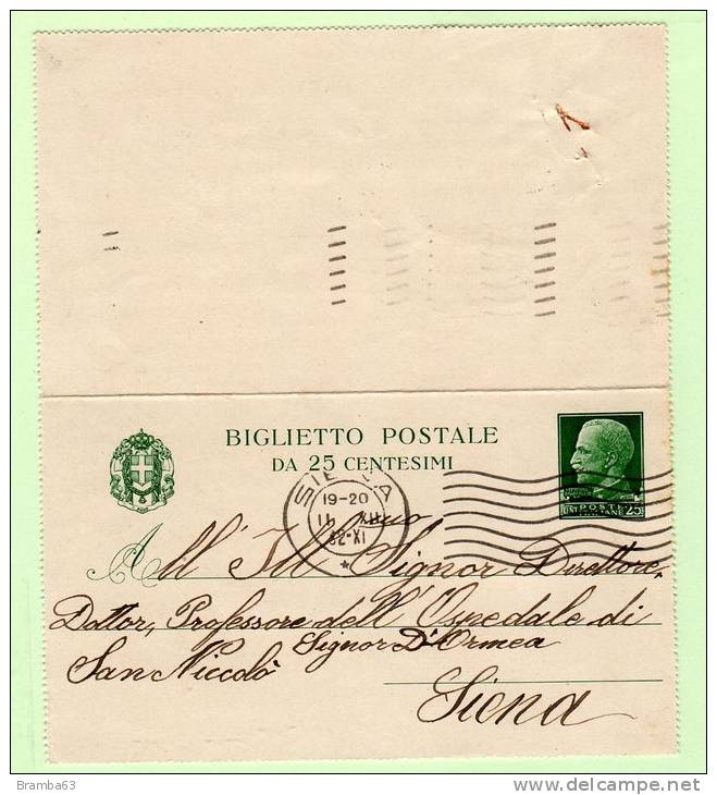 Biglietto Postale C.25 Verde Su Bianco Formato Piccolo - Vittorio Emanuele III Viaggiato Per Siena - Interi Postali