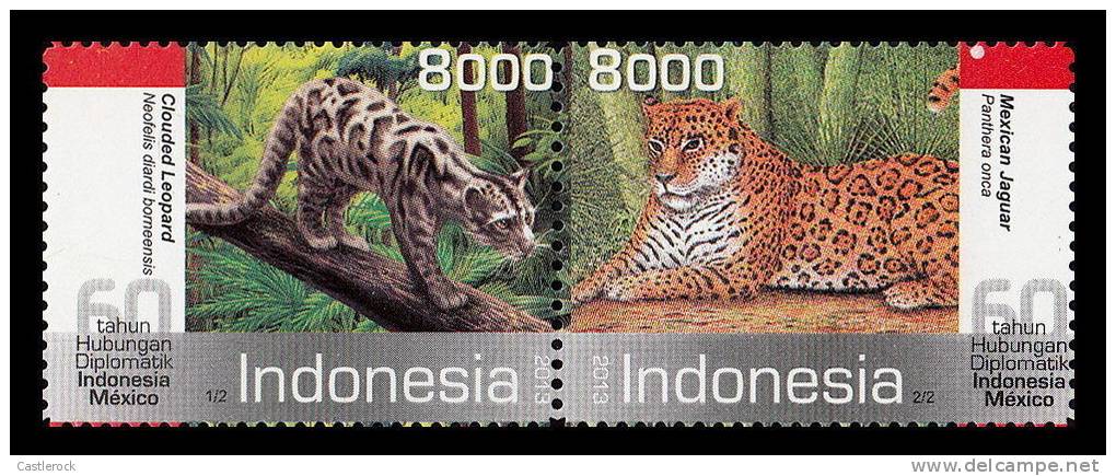 O) 2013 INDONESIA, DIPLOMATIC RELATIONS MEXICO-INDONESIA, CLOUDED LEOPARD, MEXICAN JAGUAR, SET MNH - Indonésie