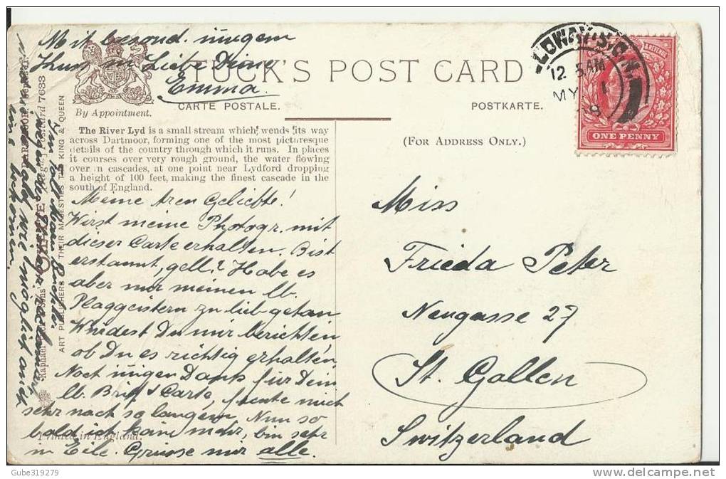 UNITED KINGDOM 1908  - DEVON - DARTMOOR ON THE LYD-NEAR OKEHAMPTON NOT SHINING -ADDR TO SWITZERLAND W 1 ST OF 1 PENNY  P - Exeter