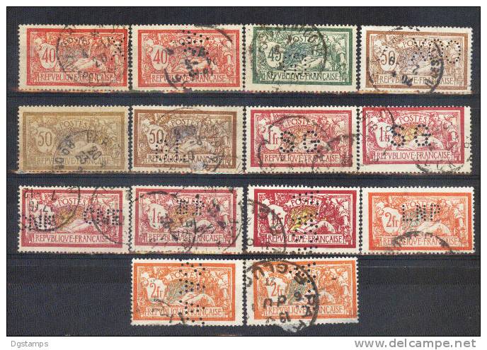 Francia 1900-20 YT119(2), 120(3), 121(5), 143, 145(3). 14 Sellos PERFIN. - Perfins