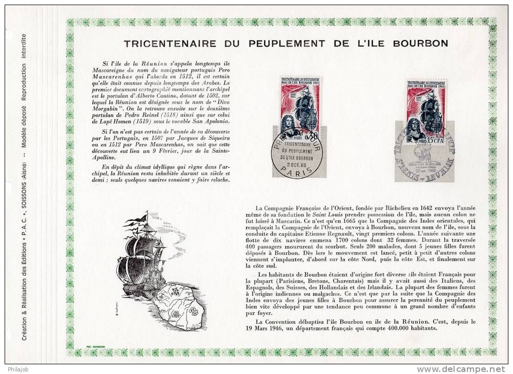 Feuillet PAC De 1965 : " 300 ANS DU PEUPLEMENT DE L´ILE BOURBON ". N° YT 1461 TB état ! - Bateaux