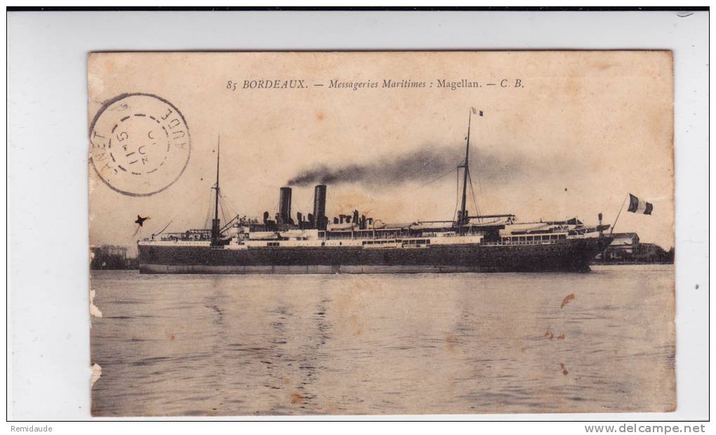 MARITIME - 1910 - CARTE Par PAQUEBOT Des MESSAGERIES MARITIMES "MAGELLAN" Du SENEGAL - LIGNE BORDEAUX-BUENOS AIRES - Poste Maritime