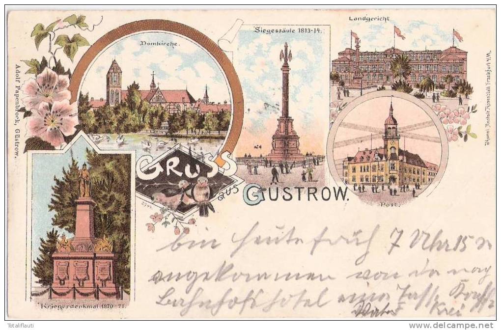 Güstrow Color Litho Landgericht Domkirche Post Kriegerdenkmal Bahnpost ROSTOCK KAROW  ZUG 185 3.10.1898 Guestrow Gustrow - Güstrow