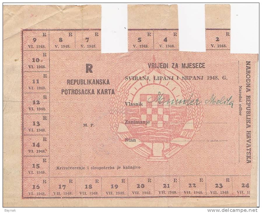 CROATIA  --   COUPON  --   R  --   REPUBLIKANSKA POTROSACKA KARTA -- POST WAR YEARS 1948 -- BANK OF CROATIA    --  RRR - Kroatien