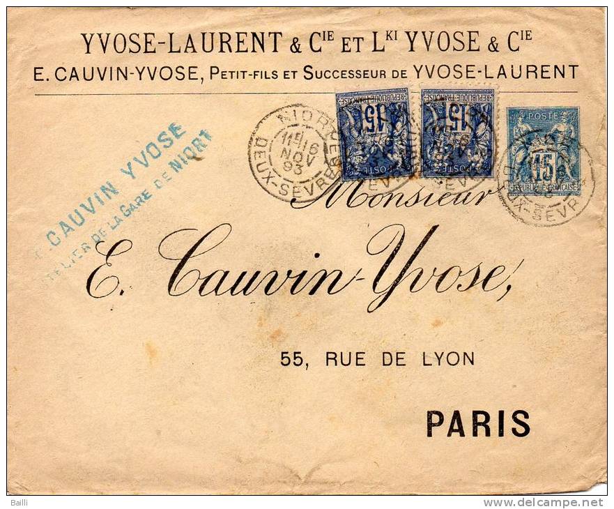 FRANCE ENTIER POSTAL TSC 15c TYPE SAGE CAUVIN YVOSE 1893 - Enveloppes Types Et TSC (avant 1995)