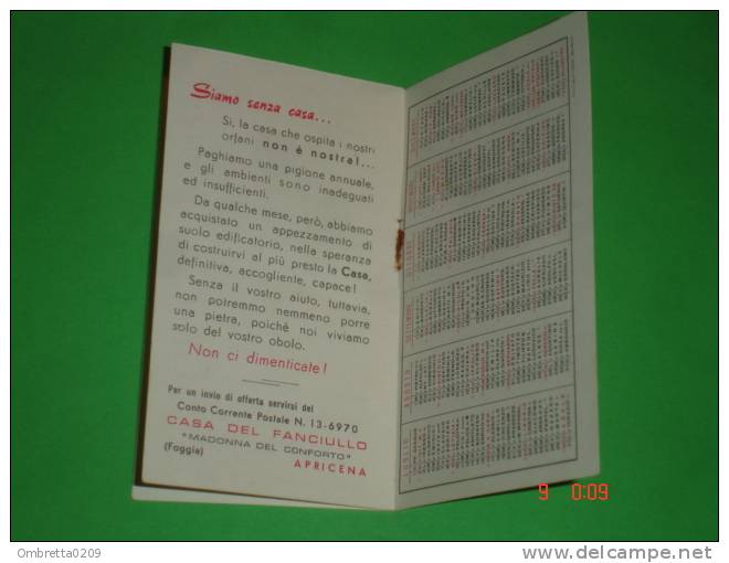 Calendarietto Anno1961 - Madonna Del CONFORTO Casa Del Fanciullo - Orfanelli  APRICENA,Foggia - Small : 1961-70