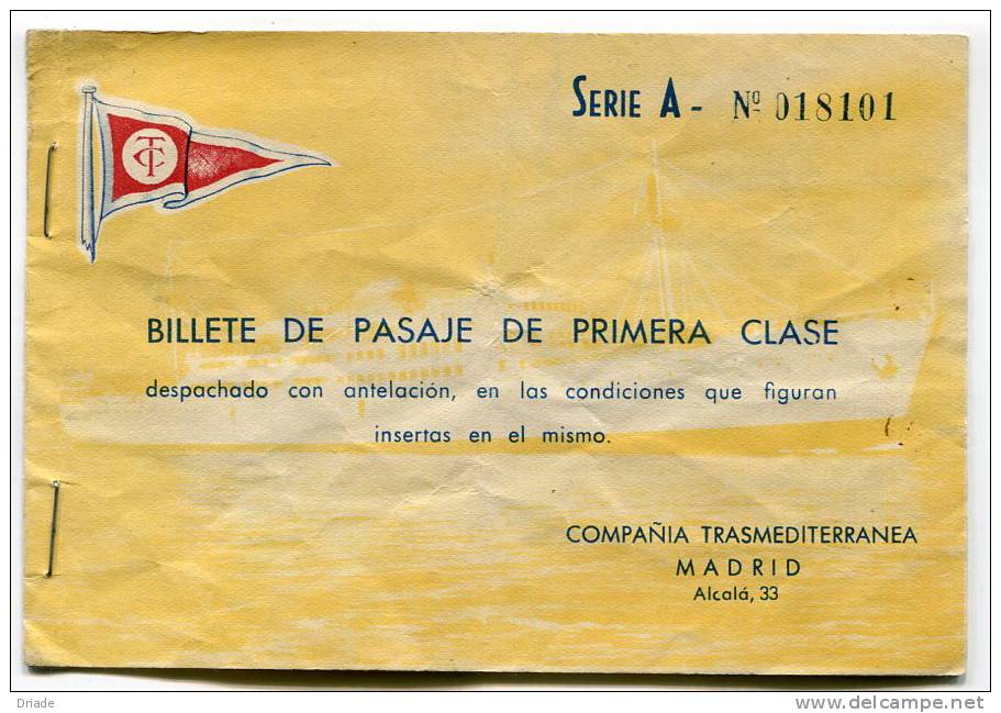 BIGLIETTO DI TRASPORTO PRIMA CLASSA COMPANIA TRASMEDITERRANEA MADRID ANNO 1956 - Europa