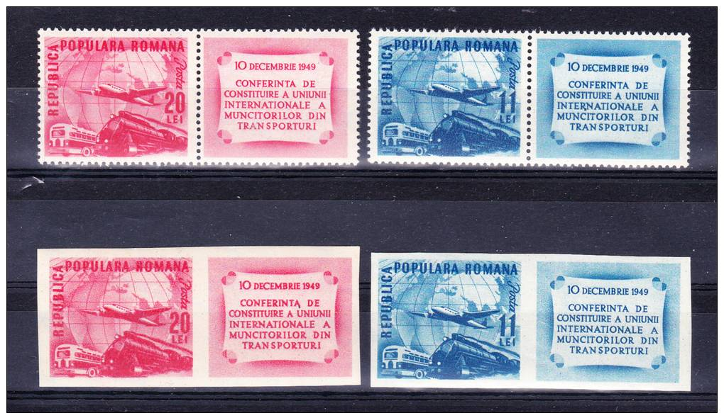 R O M A N I A     1949 , Transports, Y&T  # 1085/6 + Imperf , Cv  6,00  E, ** M N H , V V F - Nuovi