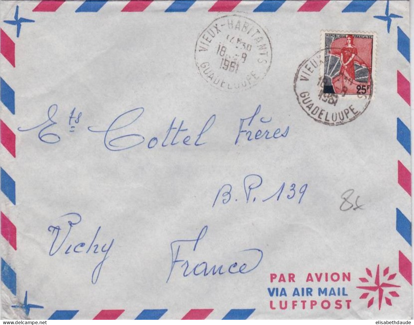 GUADELOUPE - 1961 - ENVELOPPE Par AVION De VIEUX-HABITANTS Pour VICHY - Covers & Documents