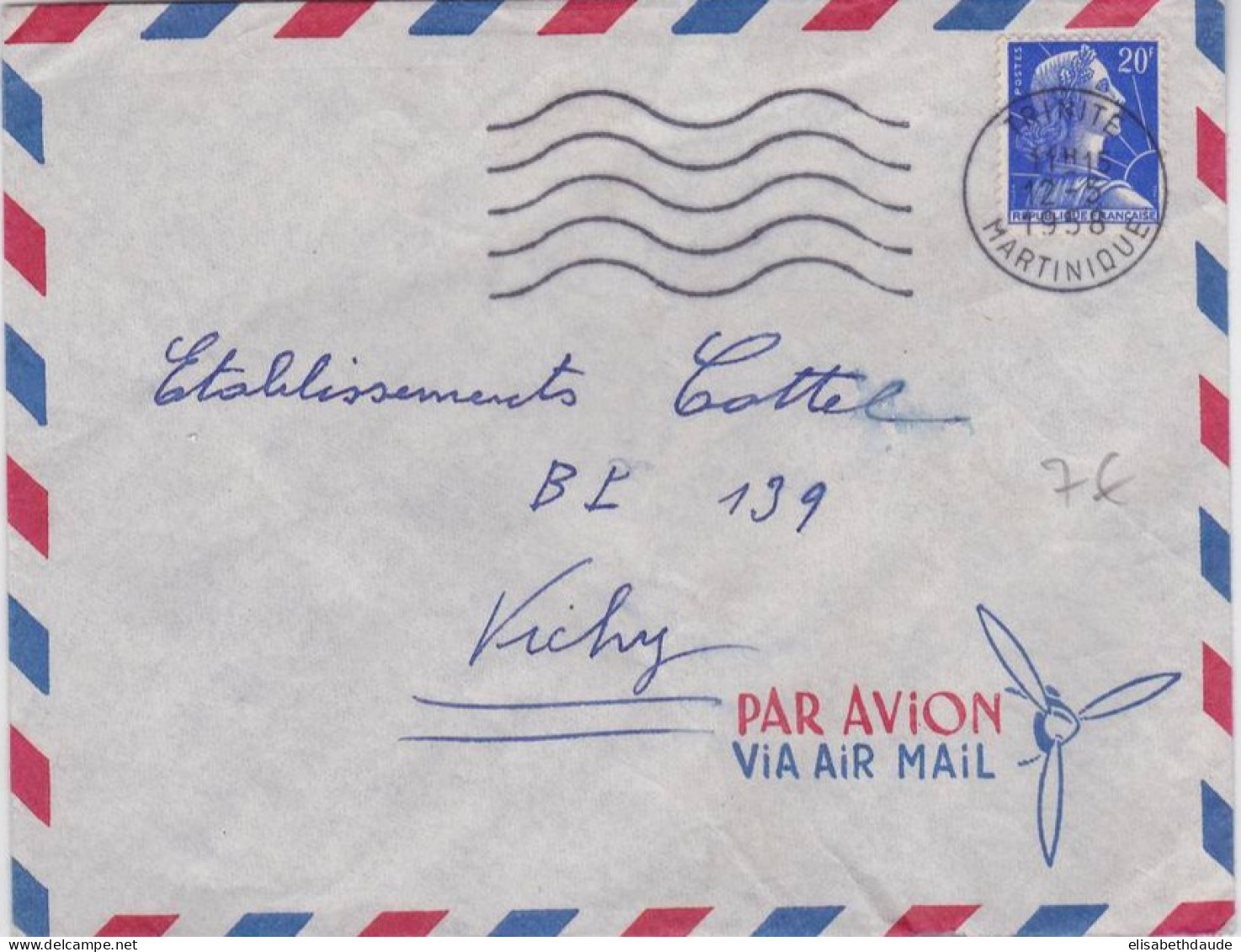 MARTINIQUE - 1958 - ENVELOPPE Par AVION De TRINITE Pour VICHY - Storia Postale