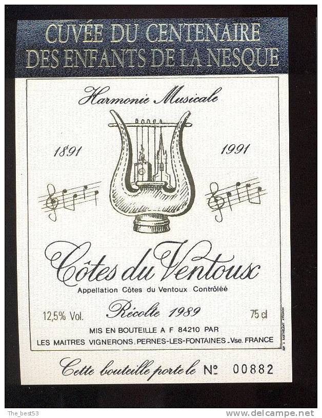 Etiquette De Vin Côtes Du Ventoux 1991- Cuvée Du Centenaire1891/1991 Des Enfants De La Nesque - Música