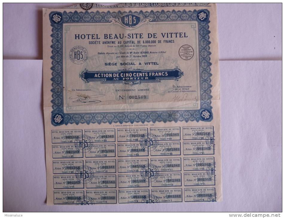 ACTION HOTEL BEAU SITE DE VITTEL VOSGES 88 ACTION DE 500 FRANCS - Tourisme