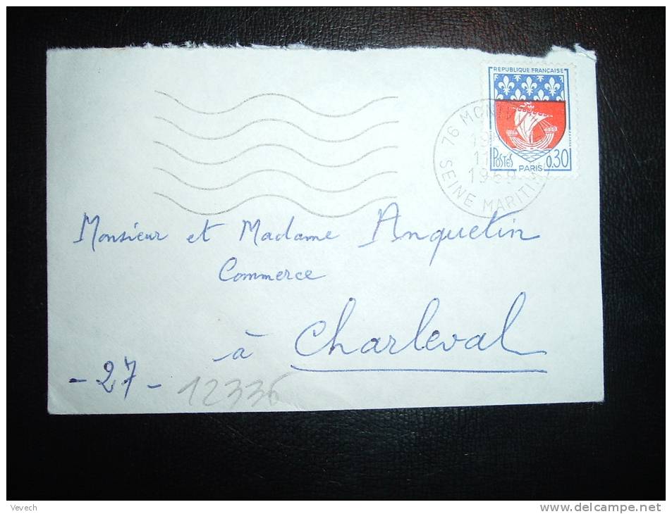 LETTRE MIGNONNETTE TP BLASON DE PARIS 0,30F OBL.MEC. 11-1-1969 MONTIVILLIERS (76 SEINE-MARITIME) - 1941-66 Coat Of Arms And Heraldry