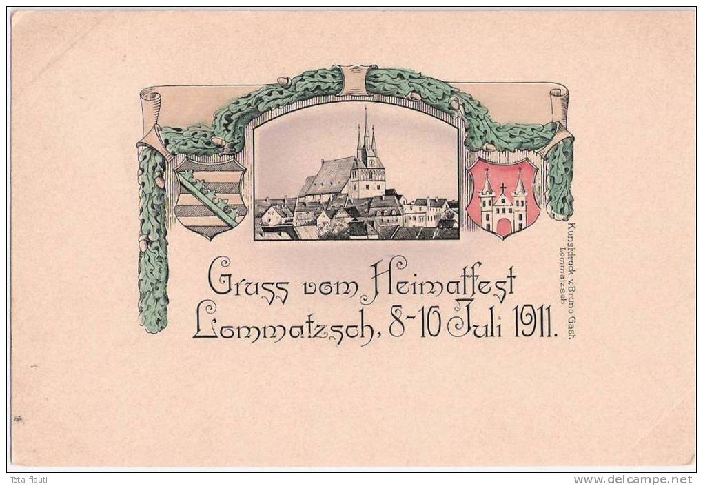 Gruss Vom Heimatfest In Lommatzsch 8 - 10 Juli 1911 Color Wappen 3.7.1911 Gelaufen - Lommatzsch