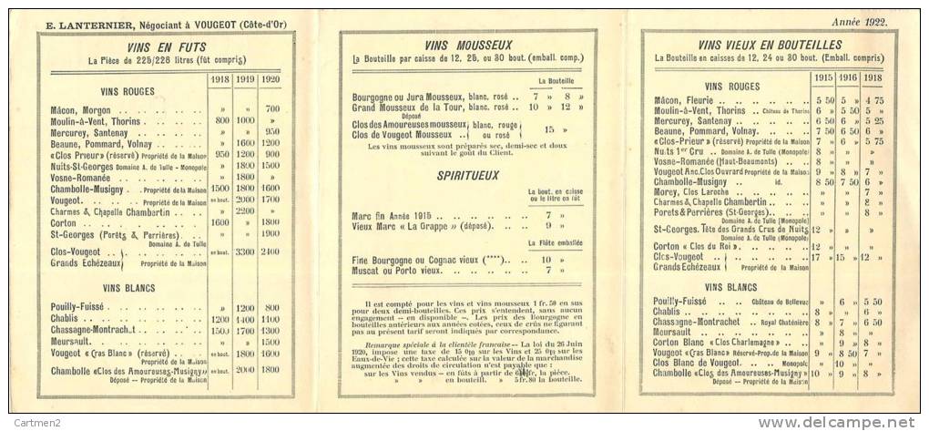 DEPLIANT E. LANTERNIER NEGOCIANT EN VINS A VOUGEOT COTE D'OR OUVRARD ECHEZEAUX MUSIGNY AGRIULTEUR VIGNERON VITICOLE - Alcools