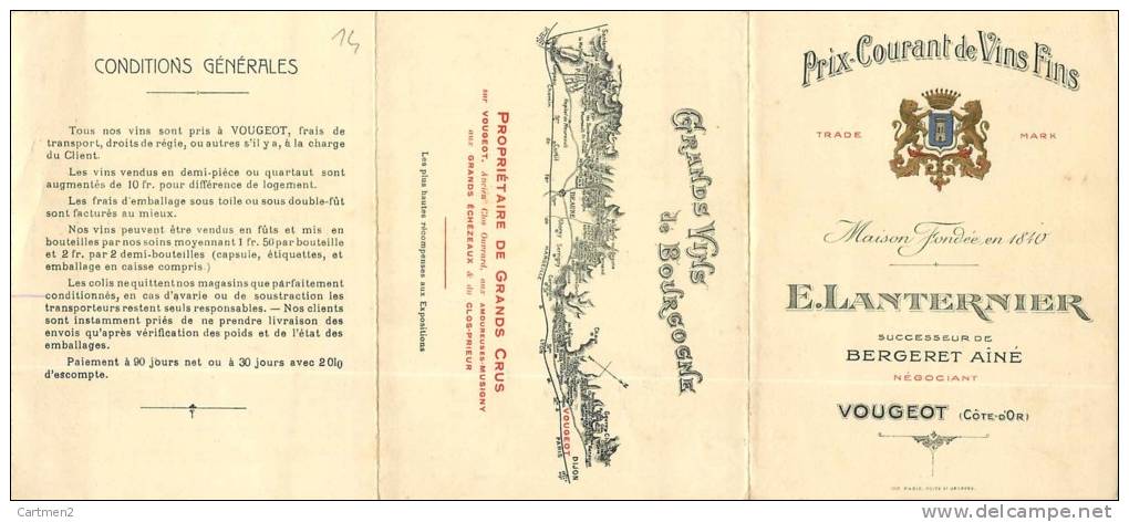 DEPLIANT E. LANTERNIER NEGOCIANT EN VINS A VOUGEOT COTE D'OR OUVRARD ECHEZEAUX MUSIGNY AGRIULTEUR VIGNERON VITICOLE - Alcools