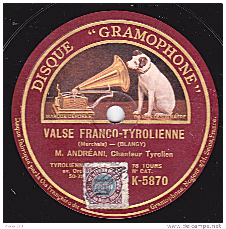 78 Tours - DISQUE "GRAMOPHONE" K 5870 - ANDREANY - MA BERGERE - VALSE FRANCO-TYROLIENNE - 78 Rpm - Schellackplatten