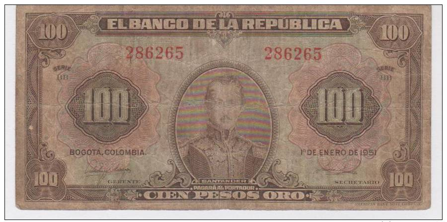 Colombia 100 PESOS 1951 , G/VG, (RARE) - Colombia