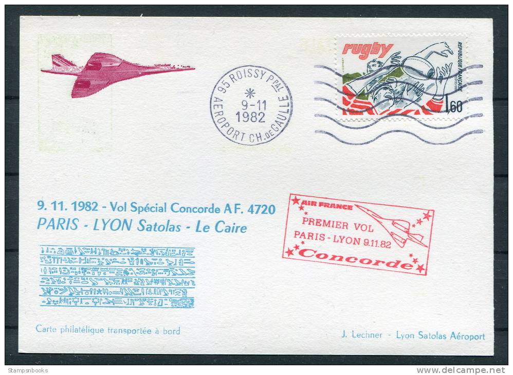 1982 Air France Paris - Lyon (Cairo Egypt) Concorde Flight Postcard - Concorde