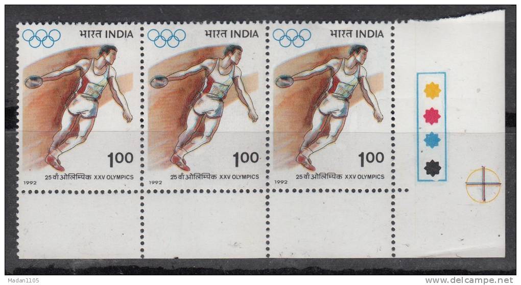 INDIA, 1992, Olympic Games,  Olympics,,  Rupee 1 Stamp, Strip Of 3, With Traffic Lights, (Discuss), MNH, (**) - Ungebraucht