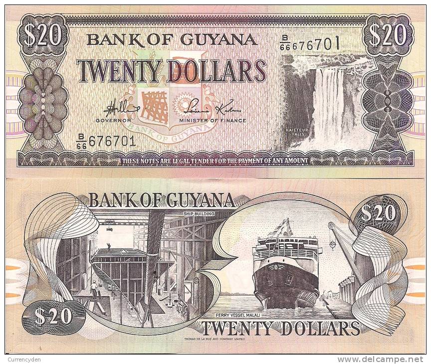 Guyana P30d, 20 Dollars Kaieteur Falls / Shipbuilding, Ferry MV Malali - Guyana