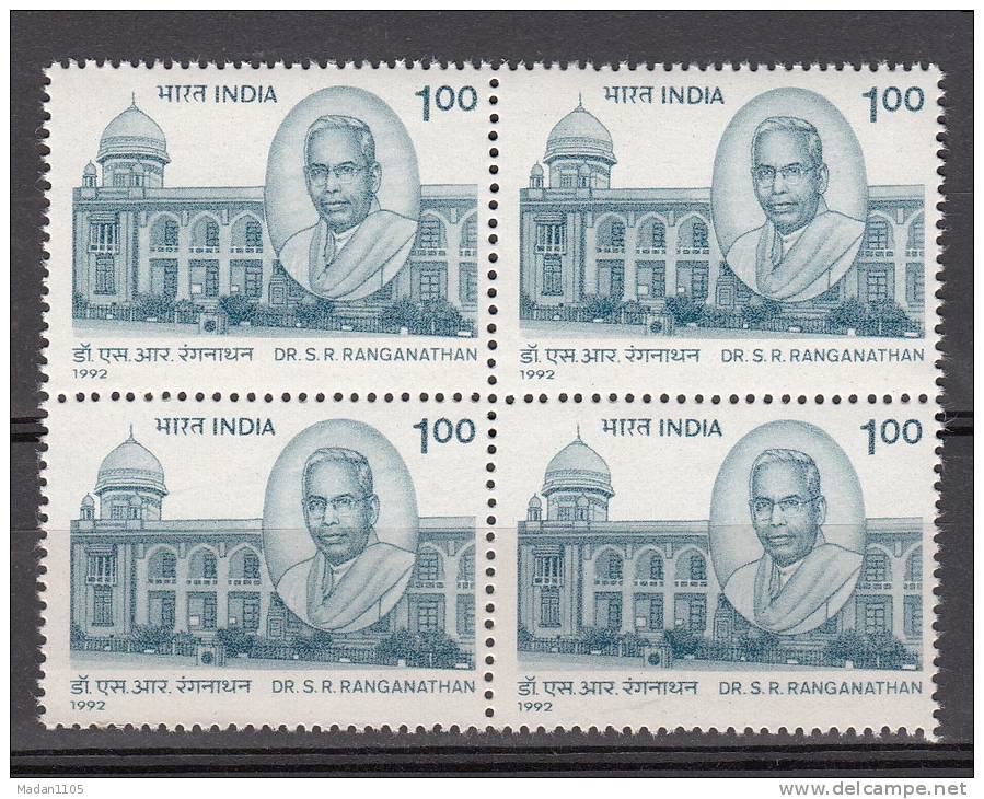 INDIA, 1992, Dr Shiyali Ramamrita Ranganathan, Father Of Indian Library Science, Block Of 4, MNH, (**) - Neufs