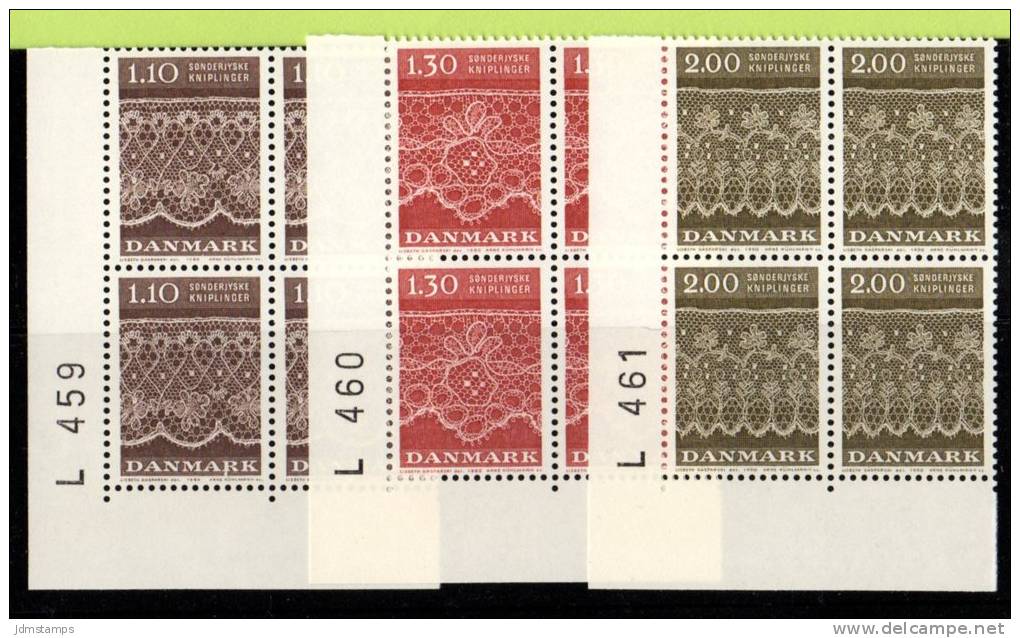 DEN SC #675-7 MNH PB4  1980 Tonder Lace Patterns  P# L 459, L 460, L 461, CV $7.40 - Unused Stamps