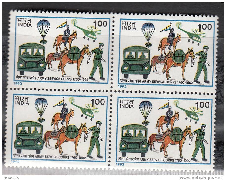 INDIA, 1992,  Army Service Corps, Block Of 4, Transport, Horse, Parachute, Helicopter,   MNH, (**) - Neufs