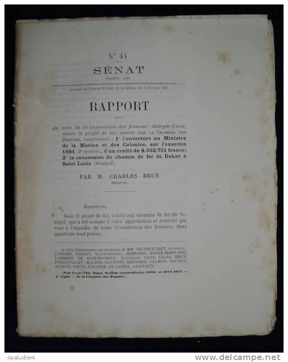 Chemins De Fer Ligne DAKAR à SAINT-LOUIS ( Sénégal) RAPPORT Charles BRUN 1881 - Chemin De Fer & Tramway