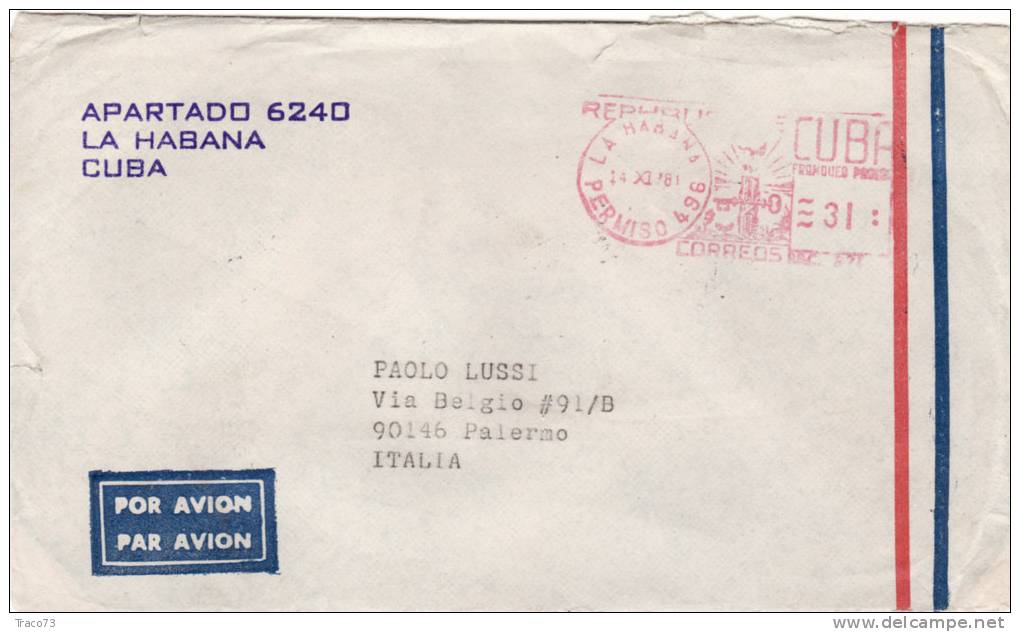 HAVANA (Cuba) /  PALERMO ( Italy) - Cover _ Lettera - Scritto All´interno - Briefe U. Dokumente