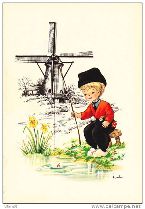 CPSM ENFANT HOLLANDAIS COSTUME FOLKLORE  SABOT MOULIN PECHE A LA LIGNE DESSIN FRANKIE - People