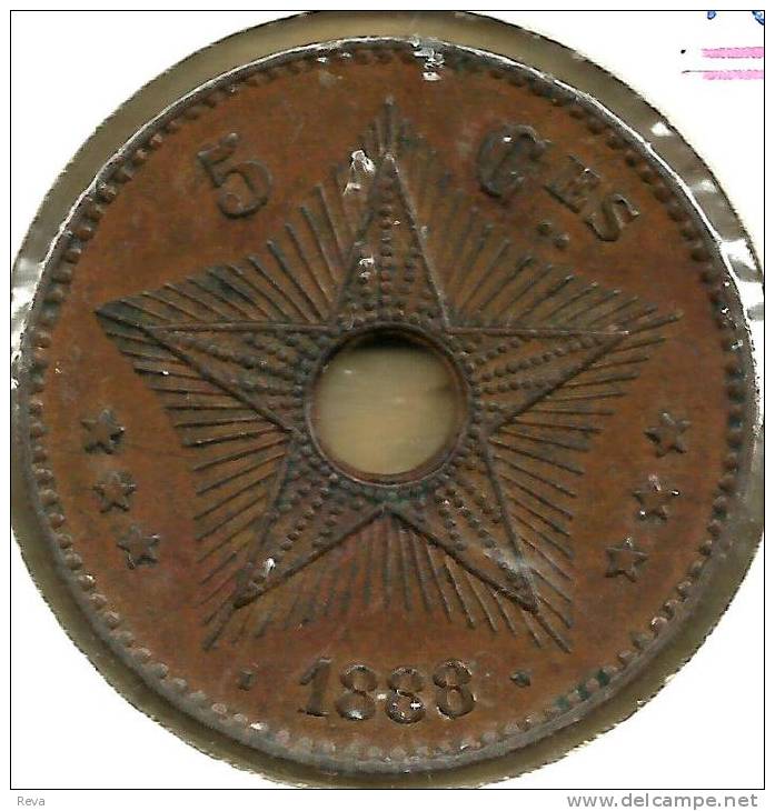 CONGO BELGIUM 5 CENTIMES STAR INSCRIPTIONS FRONT LEOPOLD II MONOGRAM BACK 1888/7 UNC KM3 READ DESCRIPTION CAREFULLY !!! - 1885-1909: Leopold II