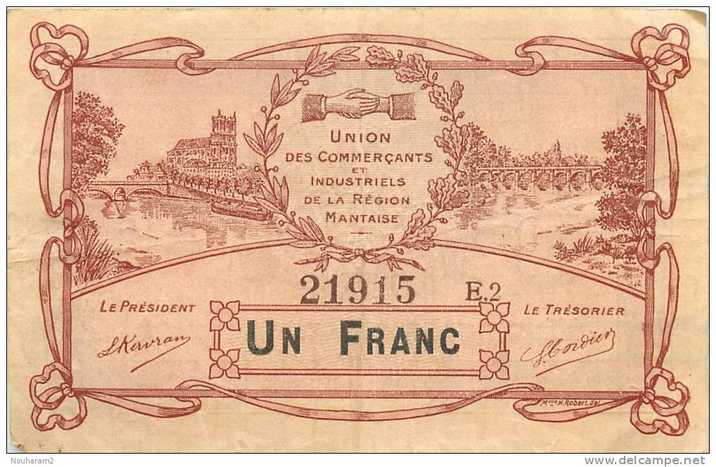 Billet Réf 278. Union Des Commerçants Et Industriels De La Région Mantaise - 1 Franc - Bons & Nécessité