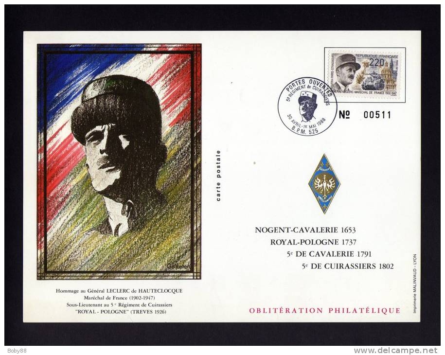 CP CàD BPM 525 PORTES OUVERTES 5e Régiment De Cuirassiers 1988 Général LECLERC Bureau Postal Militaire - Réf A242 - Cachets Militaires A Partir De 1900 (hors Guerres)