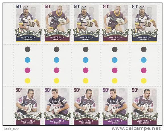 Australia 2008 Centenary Rugby League Cowboys, Broncos, Sea Eagles, Storm Gutter Strip MNH - Sheets, Plate Blocks &  Multiples