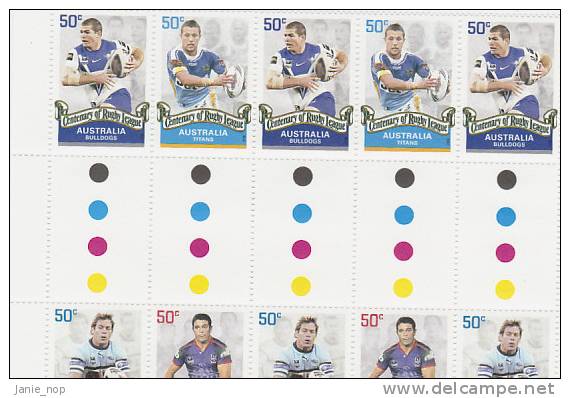 Australia 2008 Centenary Rugby League, Bulldog, Titans, Sharks, Knights, Gutter Strip MNH - Sheets, Plate Blocks &  Multiples