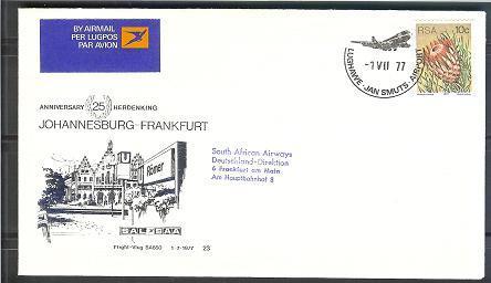 SOUTH AFRICA AIRWAYS 1977 Cover 23a JHB-Frankfurt F2229 - Airplanes